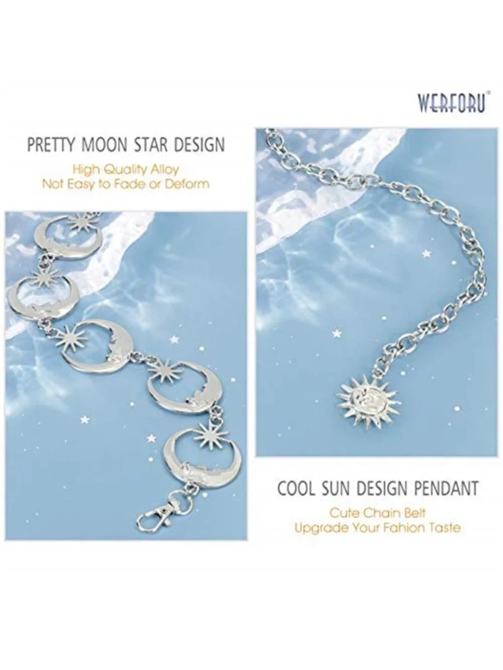 Women's Silver Metal Link Moon Star Body Chain Belt Ladies Waist Chain